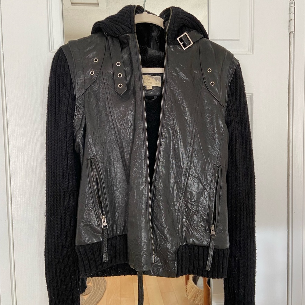 Elizabeth and James Black Leather Jacket with Knit Sleeves